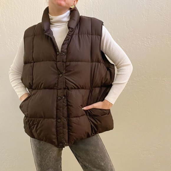 Lands' End Jackets & Blazers - Lands' End Chocolate Brown Oversized Button Up Down Feather Puffer Vest
